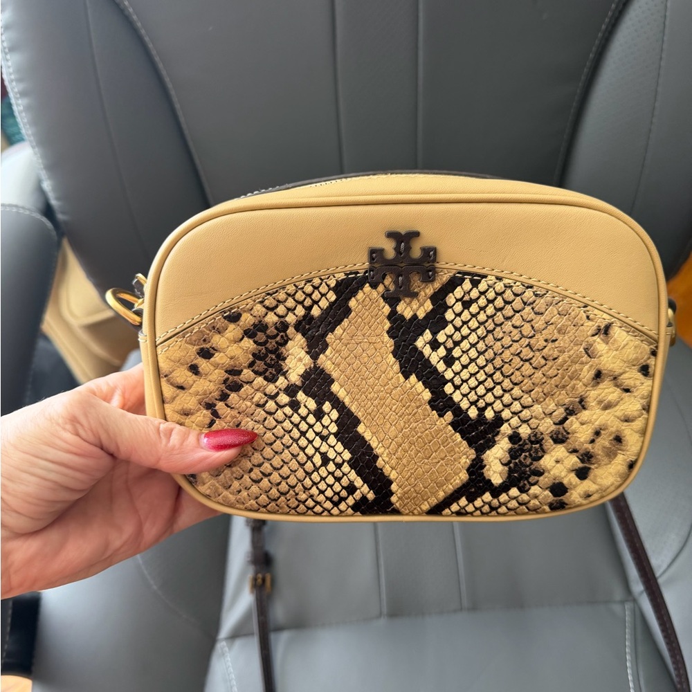 Tory Burch Beige and Black Snake Print Crossbody Bag
